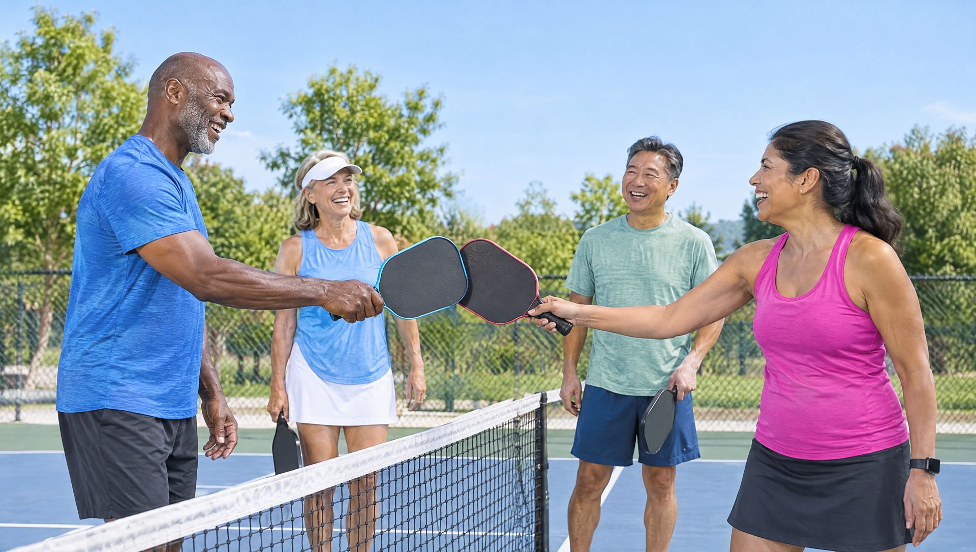 A group of retired friends laughing and high-fiving on a pickleball court