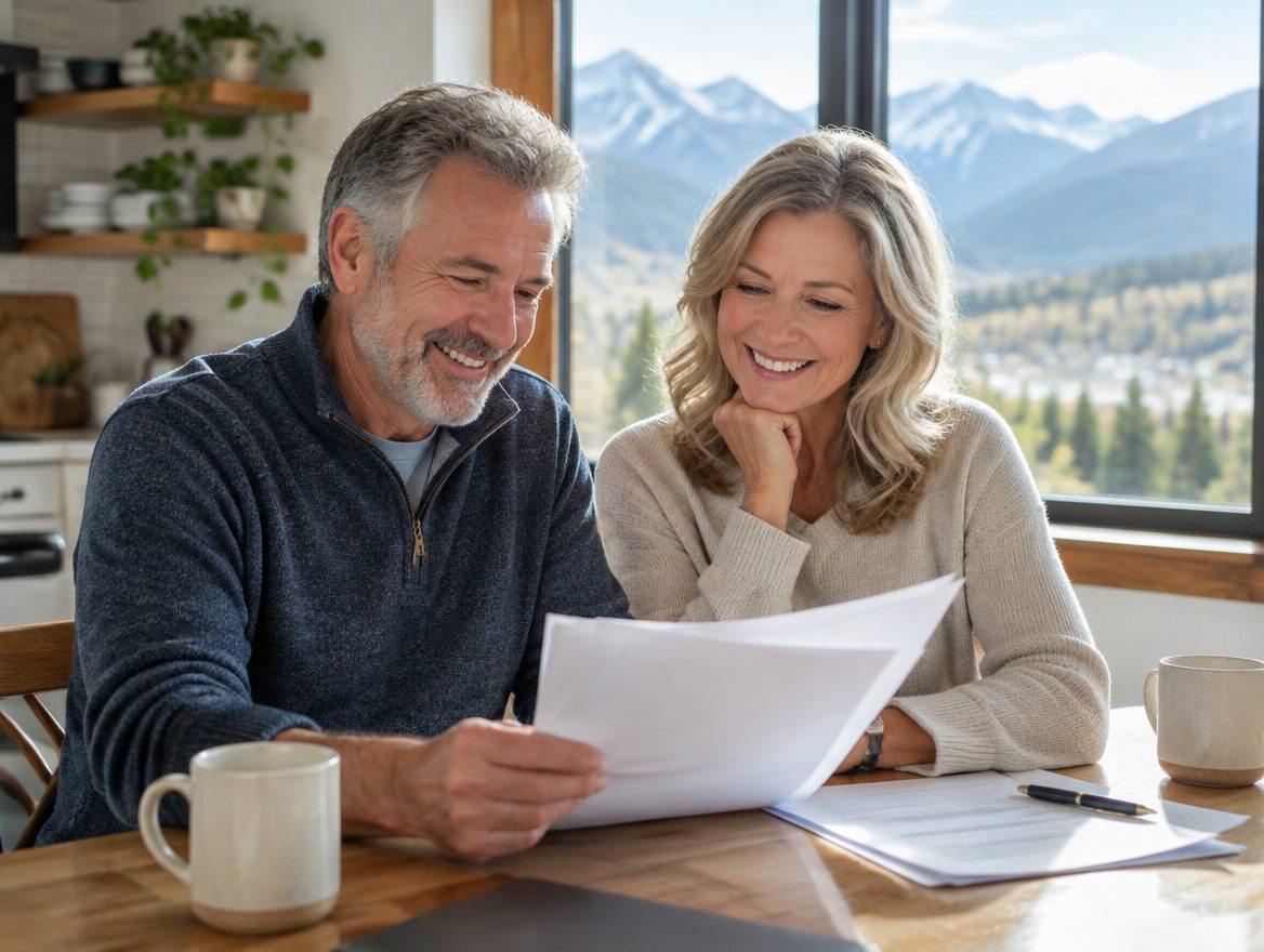 A couple in their sixties reviewing their retirement plan at the kitchen table