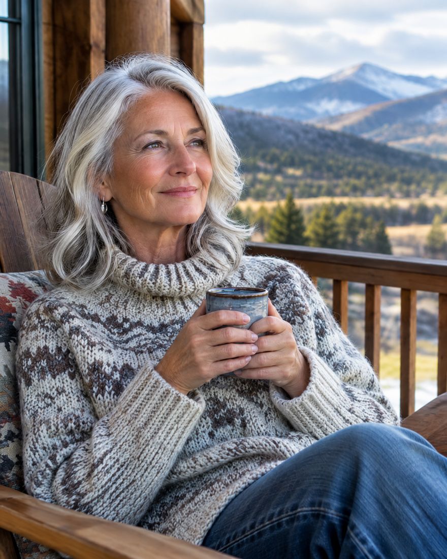 A retired woman relaxing on her porch with a cup of coffee and a mountain view